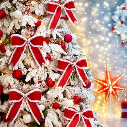WILLBOND 12 Pcs Red Christmas Bows with White Fluffy Edges 4 x 4 Inch Tree Topper Ornaments Christmas Gifts Wrapping Bows for Xmas Wreath Door Rustic Farmhouse Decoration