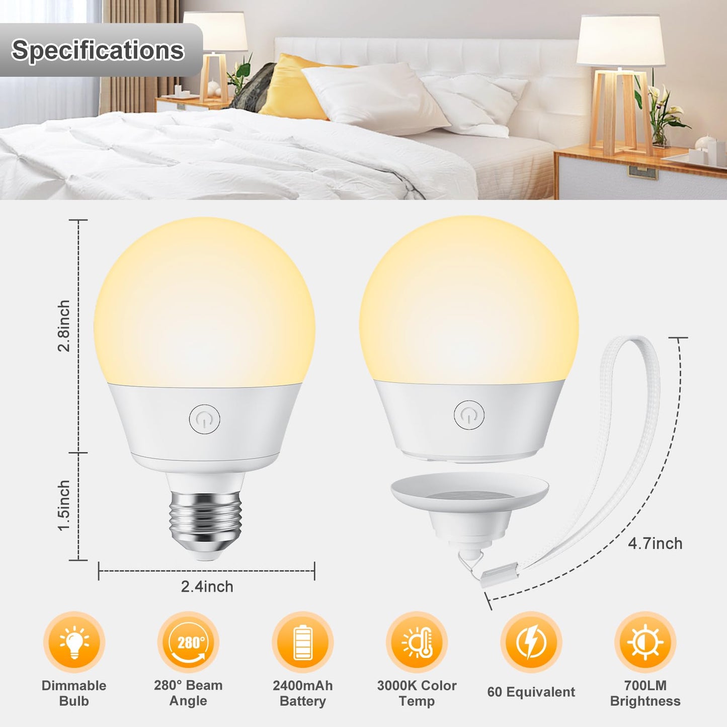 Brightown E26 Rechargeable Light Bulb with Remote and Timer, Battery Backup Bulb for Sconces and Lamps, E26 Detachable Charging for Non-Hardwired Fixture, 3 Color Temperatures + 9 RGB Colors, 4 Pack