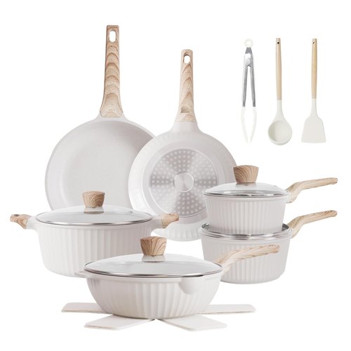 Cuisinluv Pots and Pans Set Non Stick, 17Pcs Kitchen Cookware Sets, Granite Stone Induction Cookware Non Stick Cooking Set w/Frying Pans, Saucepans, Sauté Pan (PFOA Free), Cream White