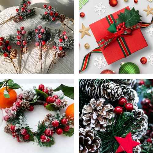 Quacc 100pcs Red Artificial Holly Berries Lovely 0.4" Fake Berries on Wire Realistic for Christmas Tree Garland Flower Wreath Decorations Wreath DIY Craft Use