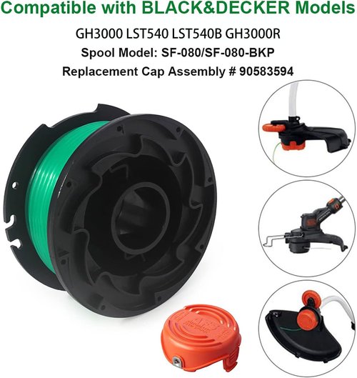 Black Decker SF-080 Trimmer Replacement Spools - 20ft 0.080" Edger Refills with Cover Cap (4 Spools, 1 Cap)
