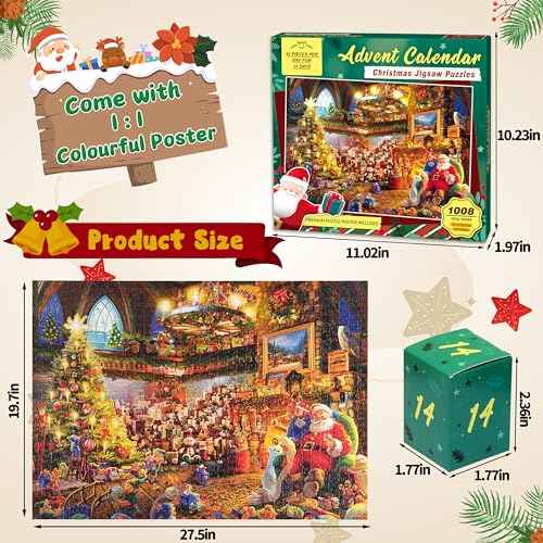 Advent Calendar 2025 Christmas Puzzle - Santa's Workshop, 1008 Pieces 24 Days of Christmas Countdown Advent Calendar Puzzle, Christmas Decor Ideas Jigsaw Puzzles for Adults Kids