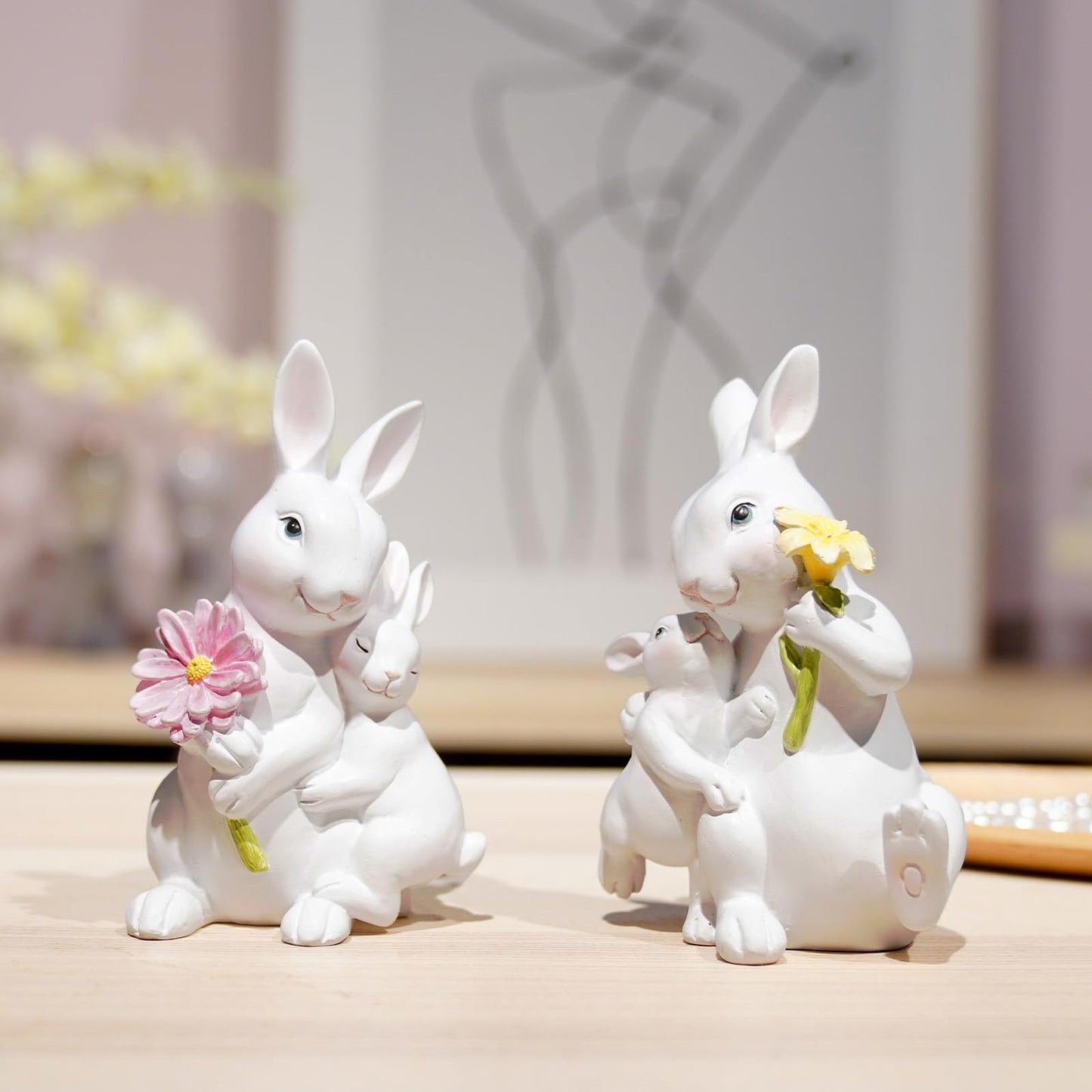 Braxio Easter Bunny Family Figurine Decoration - Bunny Collectible Figurines for Easter Decoration/Spring/Wedding Set of 2