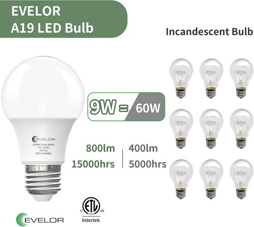 Evelor 6-Pack A19 LED Light Bulbs - 60W Equivalent Daylight 5000K | 800 Lumens, 9W, E26 Base, Non-Dimmable