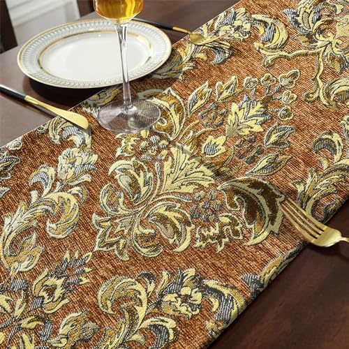 Caramel Table Runners 108 inches Long Vintage French Floral Chenille