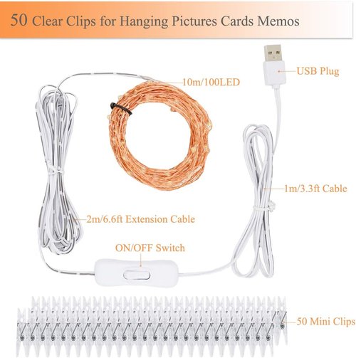 Decute 100 LED Photo Clip String Lights - 33FT USB Powered Fairy Lights for Pictures | Warm White