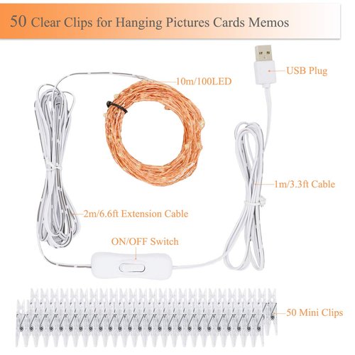 Decute 100 LED 50 Photo Clips String Lights Holder 33FT Starry Fairy Lights for Hanging Pictures Cards Memos USB Powered with Switch Perfect for Bedroom Wedding Dorm Christmas Decor (Warm White)