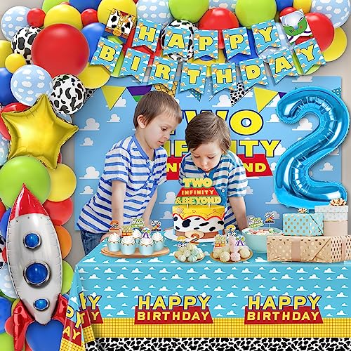 Toy-Inspired 2nd Birthday Decorations Set - 105 Pcs Party Supplies with Banner Balloons Backdrop