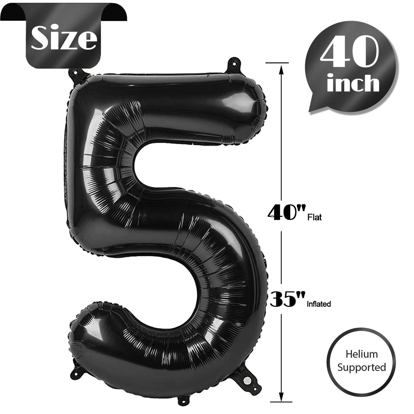 Black Number 5 Balloon 40 Inch, 5th Birthday Party Decorations for Children, Giant 5 Foil Balloon for Party Supplies