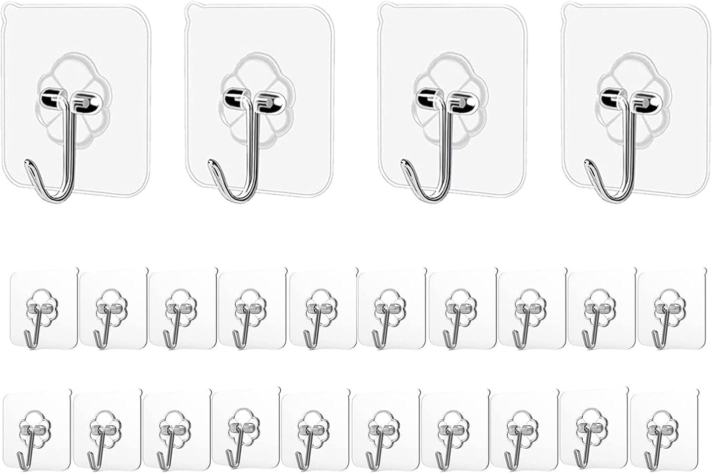 Adhesive Hooks - Heavy Duty 24lb Max Transparent Wall Hangers | 24 Pack for Home & Kitchen Use