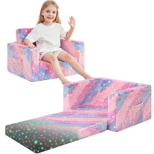 lasoftan Toddler Couch, 2-in-1 Soft Kids Couch Bed Fold Out, Toddler Chairs Comfy for Boys & Girls, Convertible Kids Sofa to Lounge for Playroom, Gift for Birthday, Children's Day- Glow Star