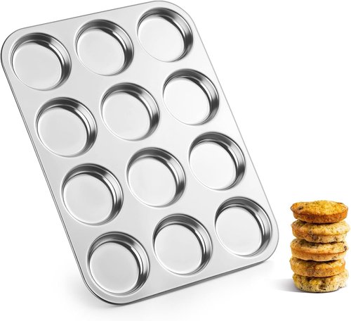 E-far Stainless Steel Muffin Top Pan - 12-Cavity Non-Toxic Bakeware for Yorkshire Pudding & More