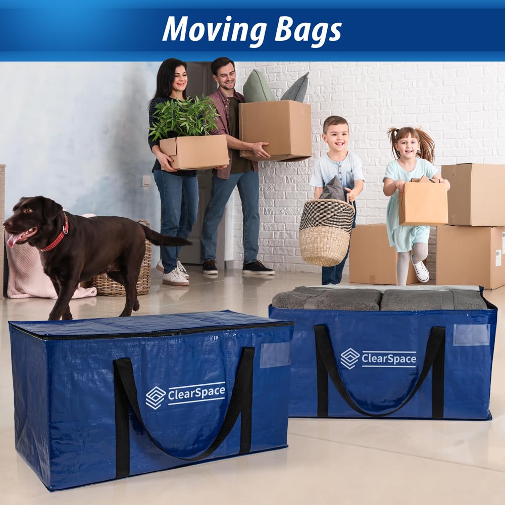 ClearSpace Heavy Duty Moving Bags - Water Resistant Storage Bags or Storage Bins with Lids and Moving Supplies - Large Moving Boxes for College Dorm, Travel, Closet Organization - 6 Pack