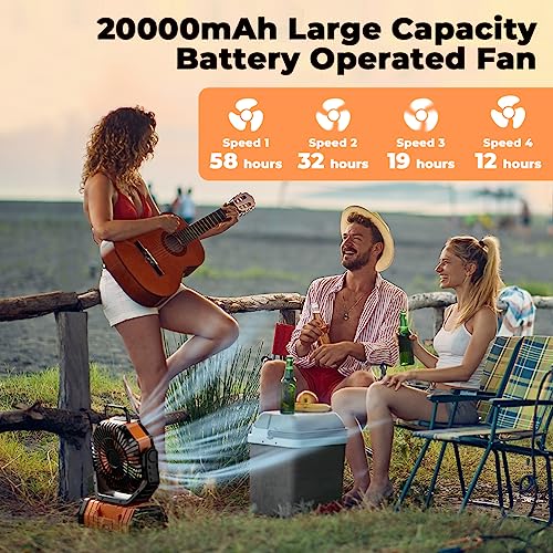 Portable Camping Fan with 20000mAh Battery, LED Lantern, Remote, 4 Speeds, Hanging Hook - Black and Orange (8.9x11.4x4.6in)