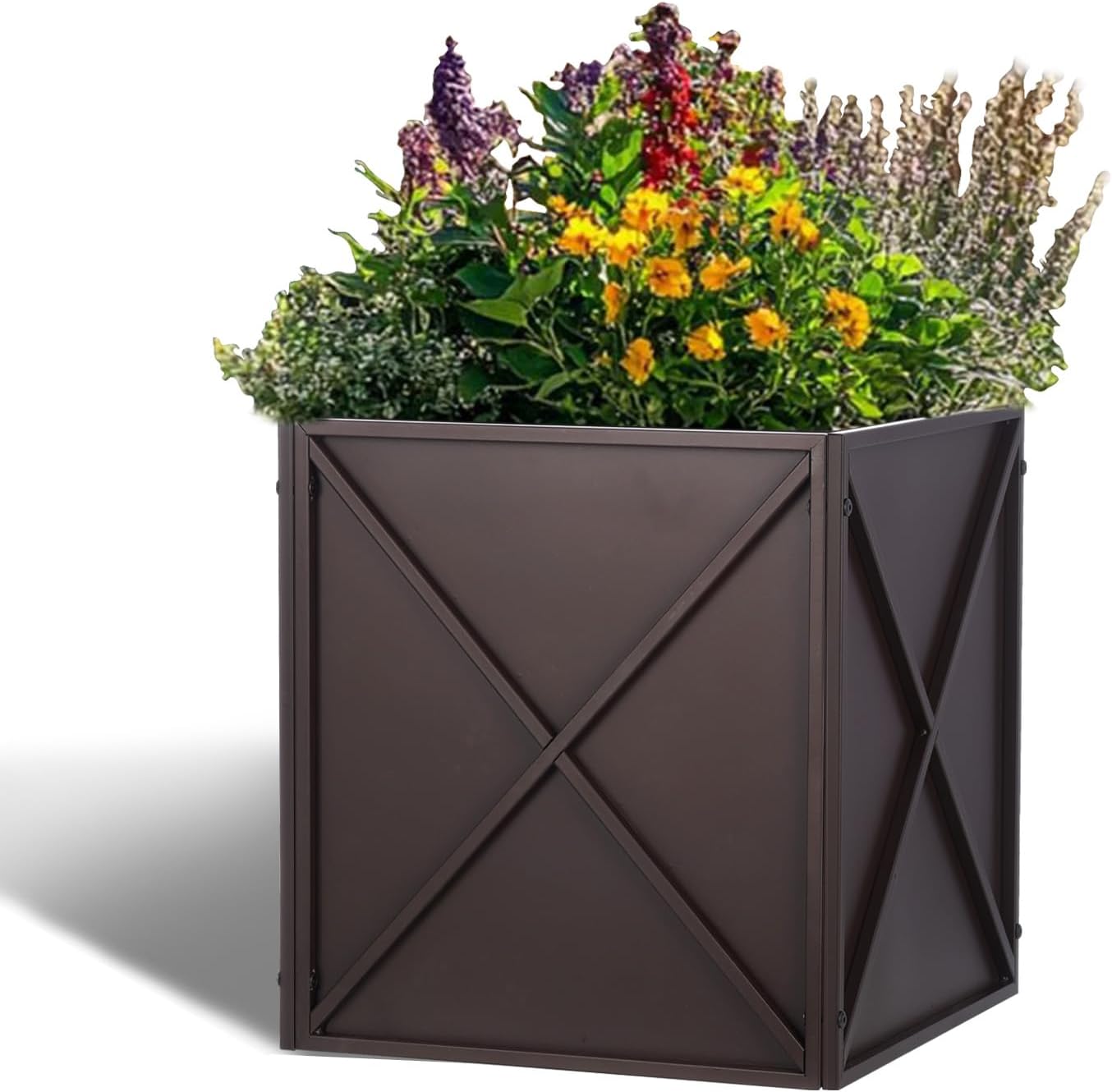 SUNNYPARK Large Metal Planter Box - 17”x 17”x 18” | Durable Brown Square Planter with Drainage Holes for Outdoor Use