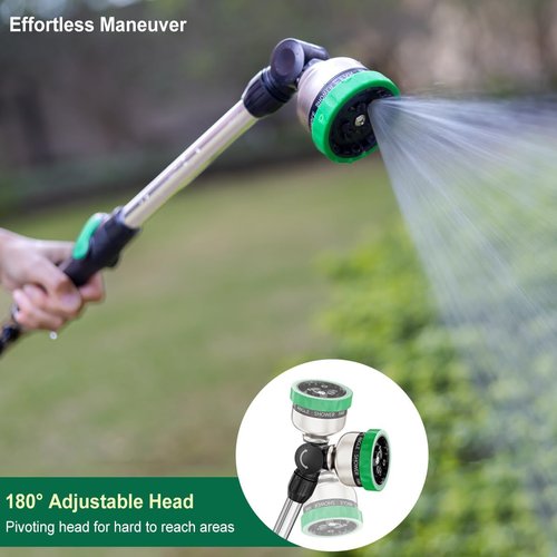 FANHAO 16-Inch Heavy Duty Garden Hose Wand - 9 Spray Patterns & 180° Rotating Nozzle | Ideal for Watering Baskets & Shrubs - Green