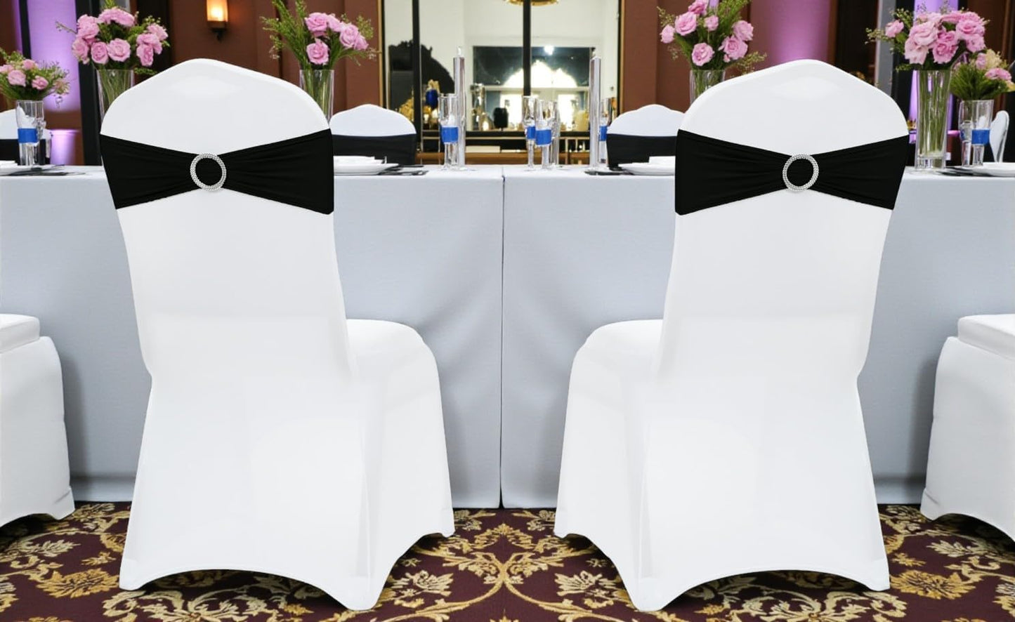 MDS Spandex Chair Sashes - Pack of 150 Elastic Stretch Bows with Buckle Slider for Wedding Decor | Black