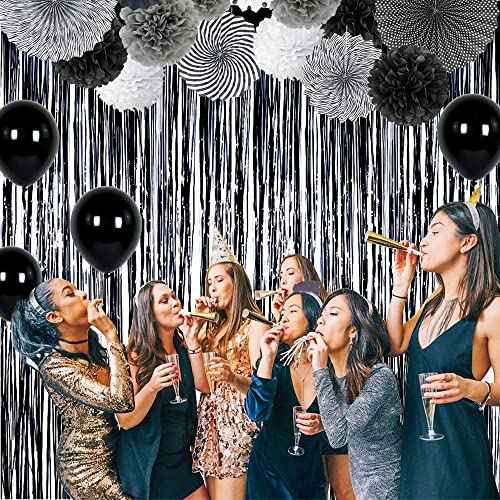 BEISHIDA 4 Pcs Black Door Streamers Tinsel Curtain Party Streamers Backdrop Fringe Foil Wall Background for Birthday Halloween Christmas Wedding Party Decoration(3.28 ft x 6.56 ft)
