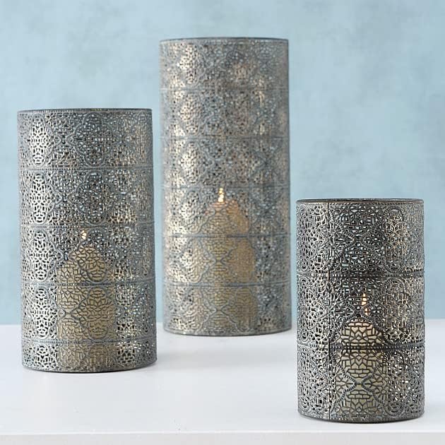 3 Piece Alhambra Hurricane Lantern Set, Lattice, Quatrefoil Pattern Metal Work, Distressed Dark Gold and Grey, Green Patina, 15.75 Inches Null