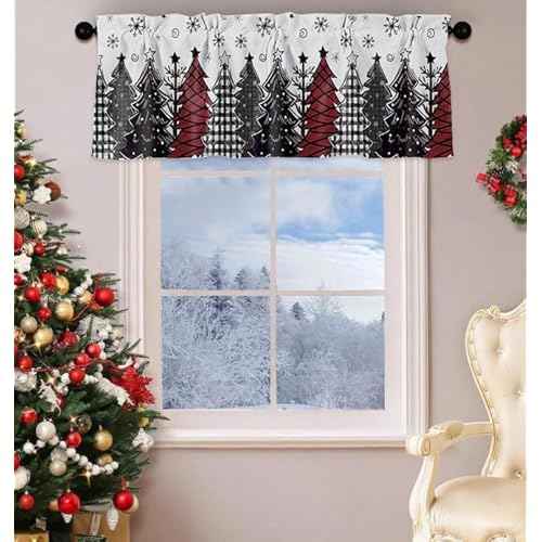 Christmas Valances for Windows Red Black Xmas Tree Snow Rod Pocket Cafe Window Treatments Valance Curtains for Kitchen Bathroom Bedromm Laundry Basement Windows 42" x 12"