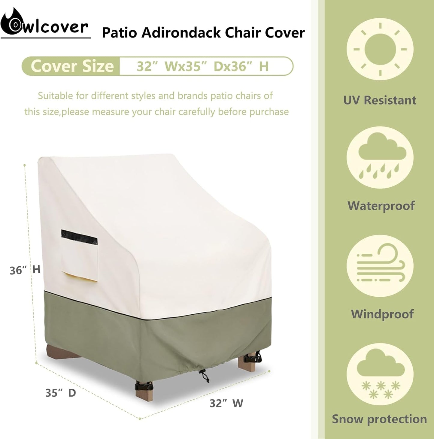 Patio Adirondack Chair Cover - 600D Heavy Duty Waterproof Protection | 32"W x 35"D x 36"H - Beige
