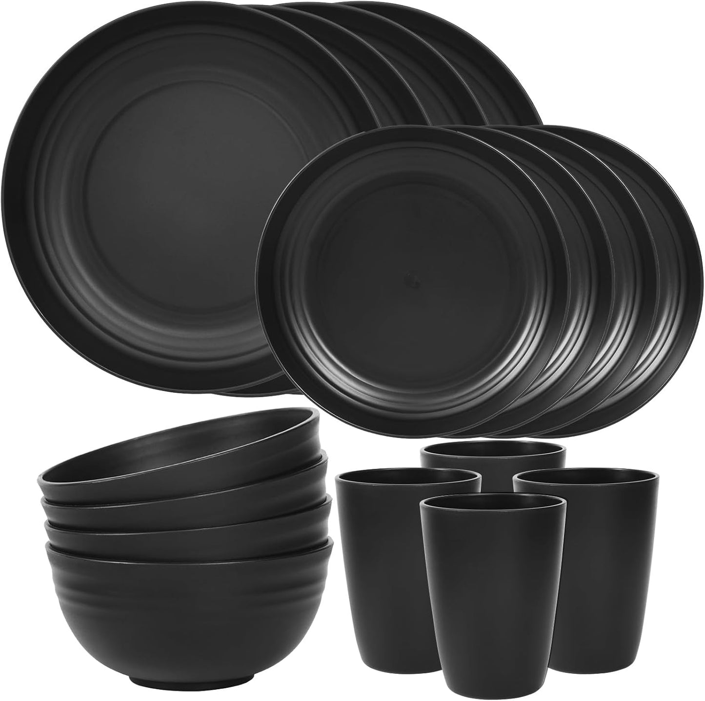 Quatish Unbreakable Dinnerware Set - 16 Piece Plates & Bowls for 4 | Dishwasher & Microwave Safe, Black