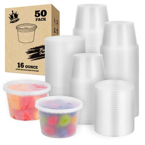 Fresh container 50set - 16oz Plastic Deli Container with lids, Airtight, for Slime, Soup, Meal Prep, BPA Free, Stackable, Leak Resistant, Microwave/Freezer Safe