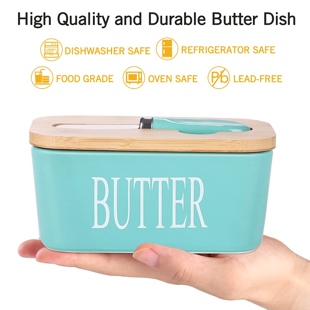 Lxmons Ceramic Butter Dish with Wooden Lid, Large Butters Container Keeper Storage with Stainless Steel Knife Spreader, Bamboo Cover and Silicone Sealing Ring for West East Coast, Aqua