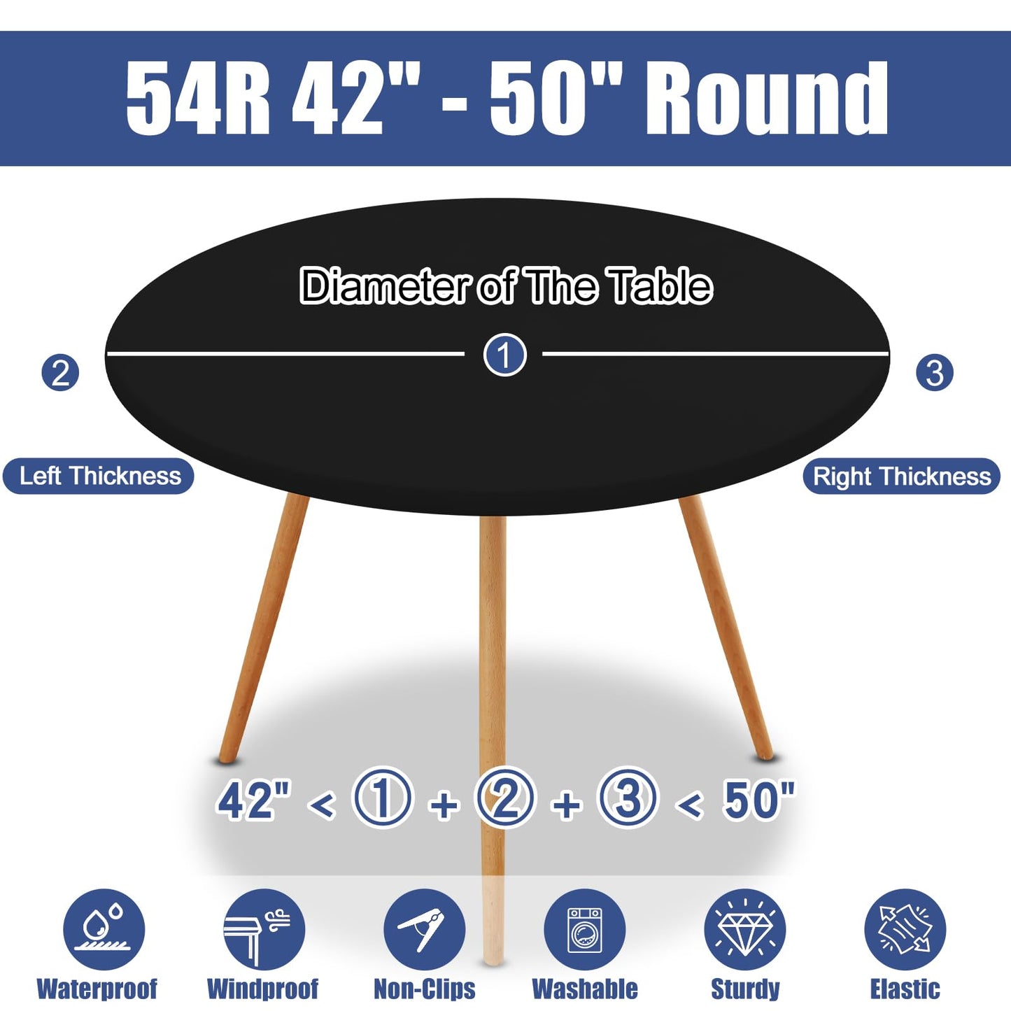 Moosfor Round Spandex Tablecloth, Elastic Fitted Waterproof Tablecloths for 42"-50" Tables, Stretch Washable Picnic Table Cover for Camping, Dining, Indoor and Outdoor, Black