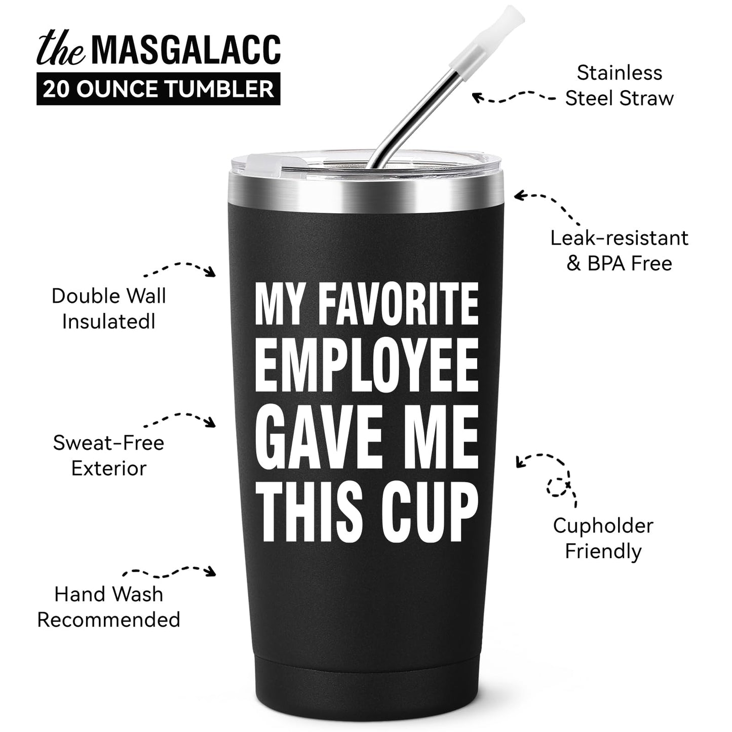 MASGALACC My Favorite Employee Gave Me This Cup Funny Boss Gift from Employees Coworkers Gifts to Employer Novelty Drinkware Coffee Mug, 20oz Stainless Steel Insulated Tumbler, Black
