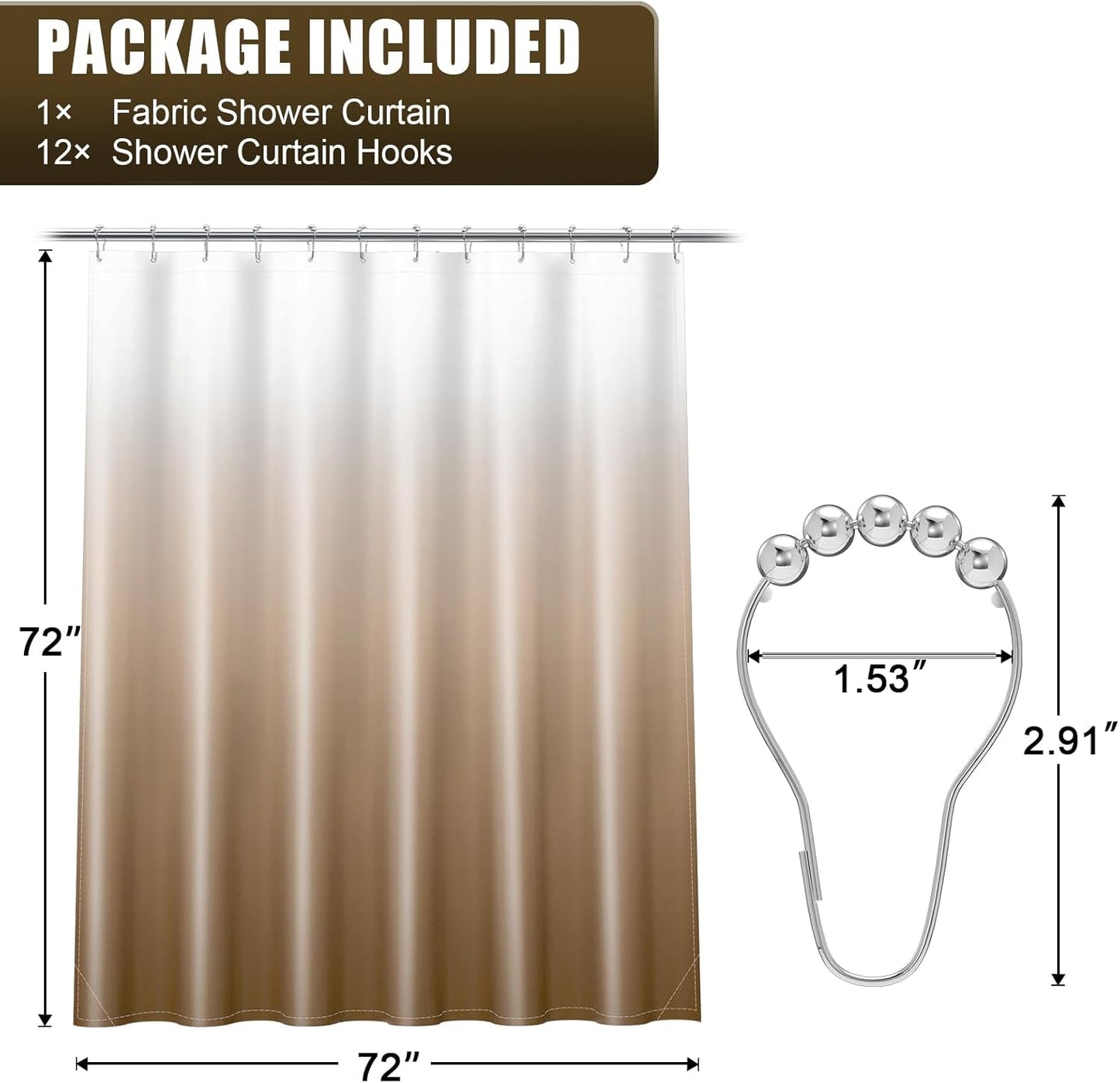 OLANLY Luxury Ombre Shower Curtain Set - Waterproof & Washable Beige/White | 72x72 Inches with 12 Hooks