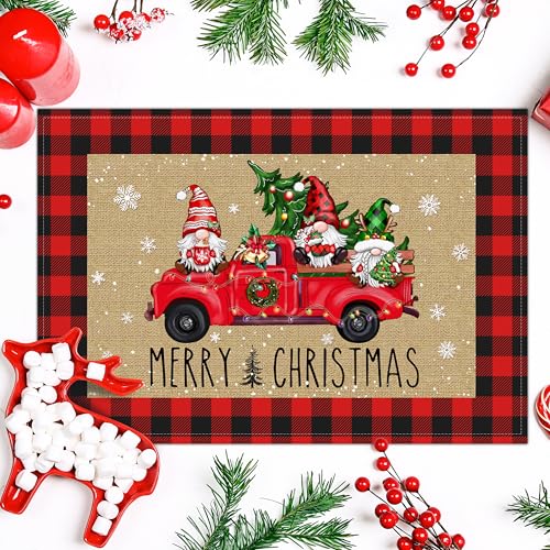 Christmas Truck Placemats Set of 6, Holiday Linen Table Mats for Dining, 12x18 inch