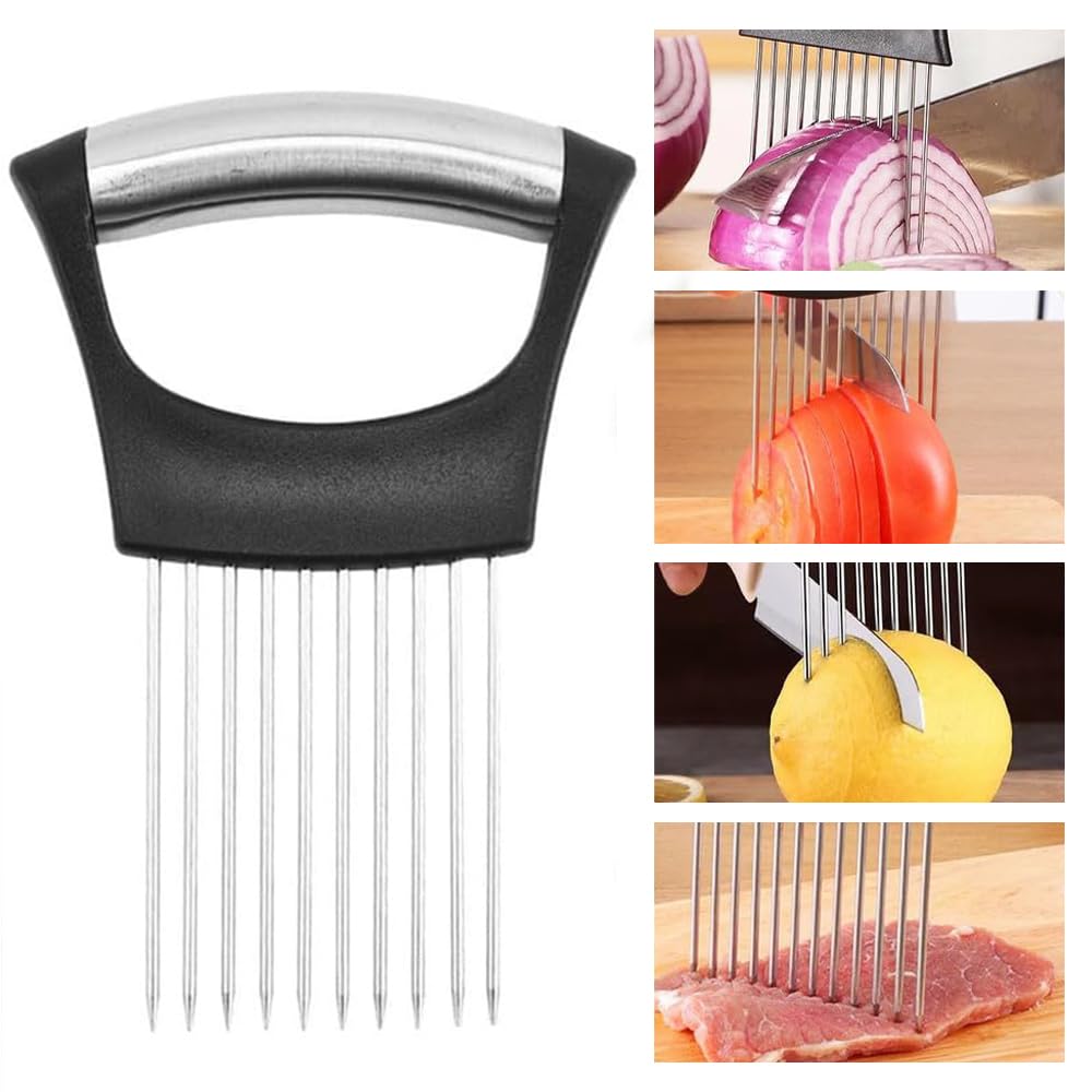 Onion Holder for Slicing, Onion Cutter Vegetable Chopper, Stainless Steel Slicer for Potato, Avocados, Eggs, Food Slicer Assistant Tool for Fruit Lemon and Meat (1)