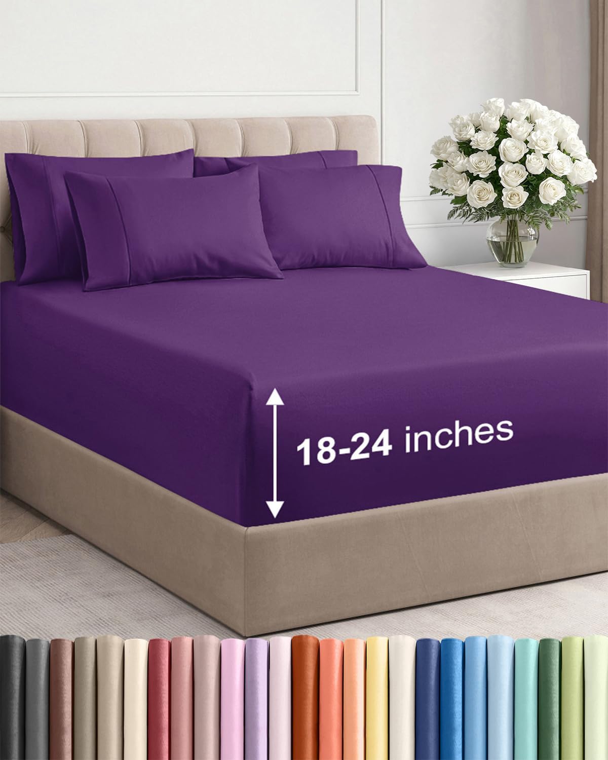 Skiennix Extra Deep Full Sheet Set - 6-Piece Breathable Cooling Bedding - Soft, Wrinkle-Free Purple