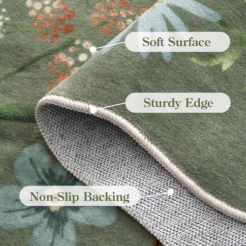 Lahome 6ft Green Floral Washable Round Area Rug – Non-Slip Large Circular Carpet
