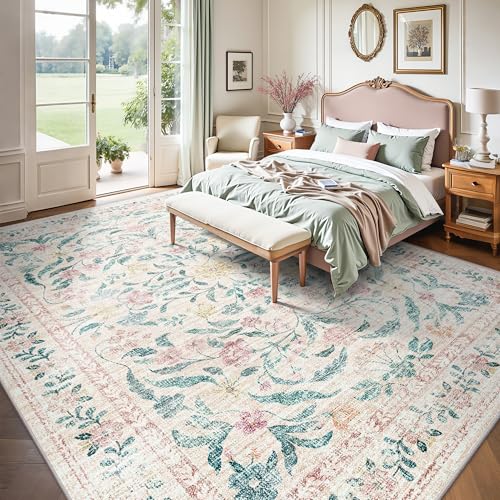 8x10 Pink Bloom Floral Area Rug - Machine Washable Low Pile Boho Rug with Non-Slip Backing, Rectangular