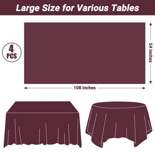 4 PCS Wine Table Cloth Rectangle Table, 54 x 108 Inches Waterproof Plastic Table Cloth Disposable, Picnic Table Cover for Baptism, Picnic, Restaurant, Wedding decor, Fits Rectangle and Round Tables