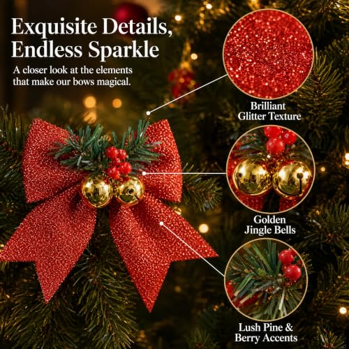 Christmas Glitter Bows with Jingle Bells & Pine Needles - Set of 6 Red Holiday Decorations