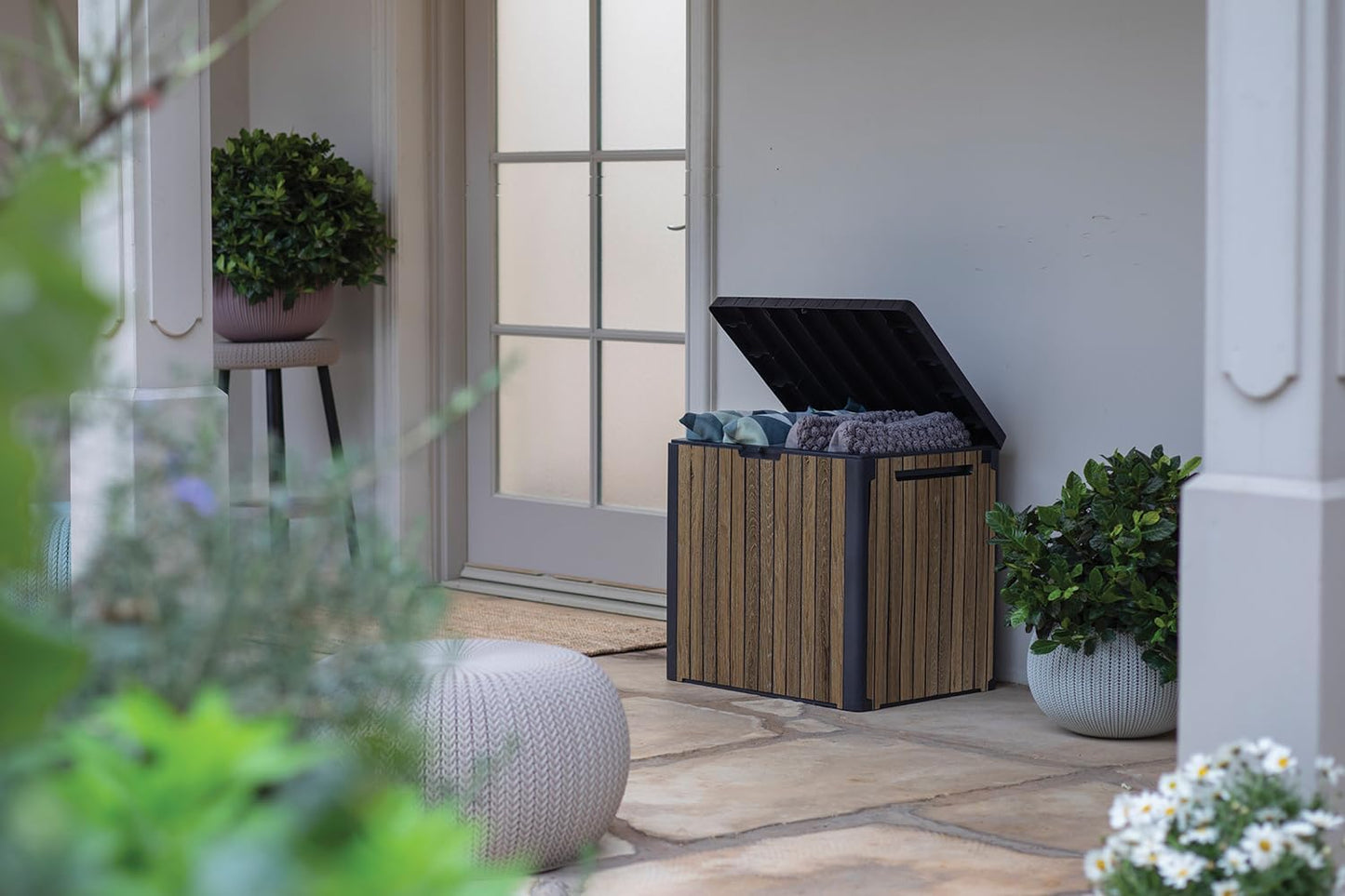 Keter Signature Everwood 30 Gallon Outdoor Storage Box - Stylish Patio Furniture & Garden Organizer, Walnut