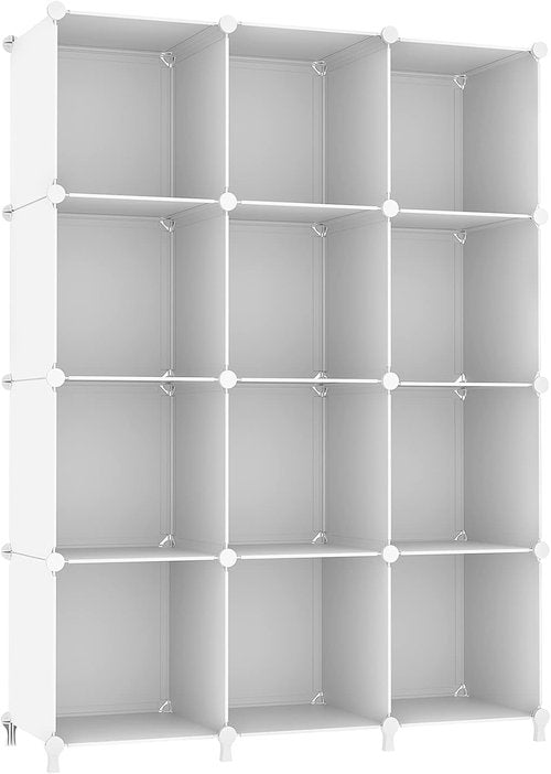 AWTATOS Cube Storage Organizer - 12 Cube Bookshelf | Stackable Plastic Shelves for Home & Bedroom - White