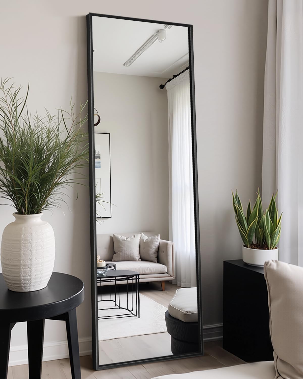 TRAHOME Full Length Mirror, 56" x 15" Standing Large Floor Mirror with Aluminum Frame for Bedroom, Living Room, Bathroom（Black