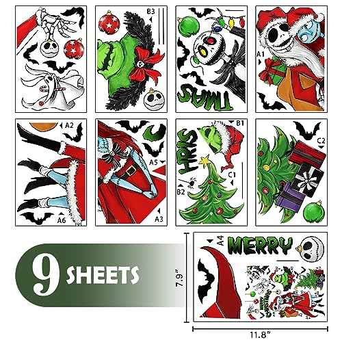 Mfault 121 PCS Merry Christmas Nigh.tmare BEF.ore Christmas Window Clings 9 Sheets, Jack Sally Xmas Tree Skull Stickers Decal Decoration, 2026 New Year Home Kitchen Winter Holiday Decor