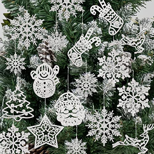 Christmas Tree Decoration Hanging Ornaments - 42 Pack Silver Glitter Snowman Reindeer Snowflake Ornaments for Christmas Holiday New Year Winter Wonderland Party Supplies
