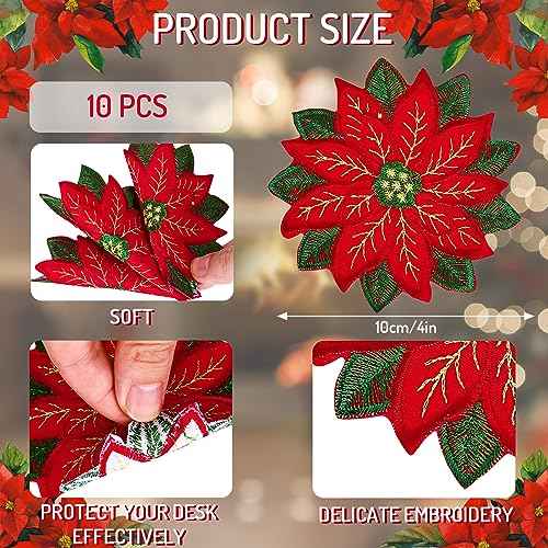 Whaline 10Pcs Christmas Embroidered Coaster Applique Poinsettia Double Layer Coaster Xmas Flower Cup Mat Pad for Christmas Winter Holiday Home Kitchen Office Table Decoration (4 x 4 Inch)