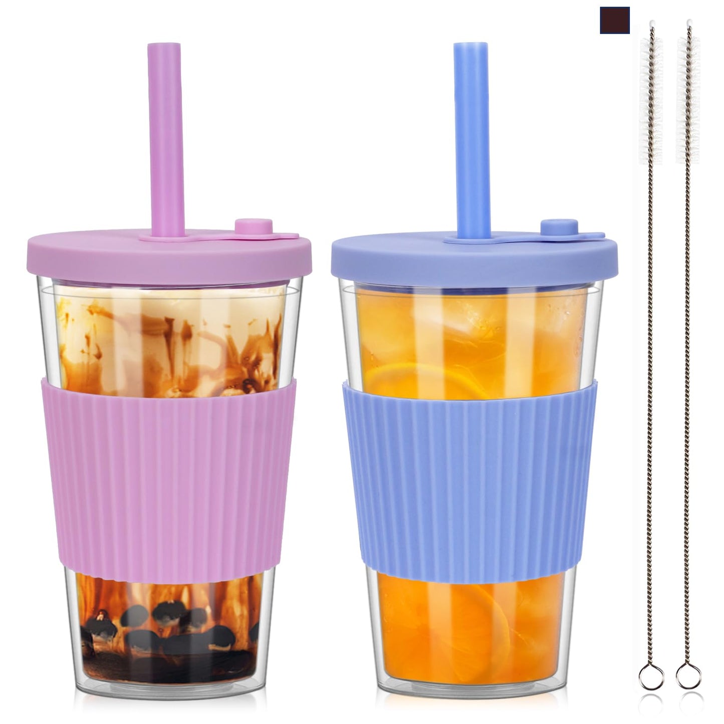 UHAPEER 2 Pack Reusable Boba Cups, 17oz Iced Coffee With Straw and Lid, Leakproof Clear Plastic Tumbler, Double Wall Insulated Smoothie Cup, Pastel Violet and Cornflower Blue