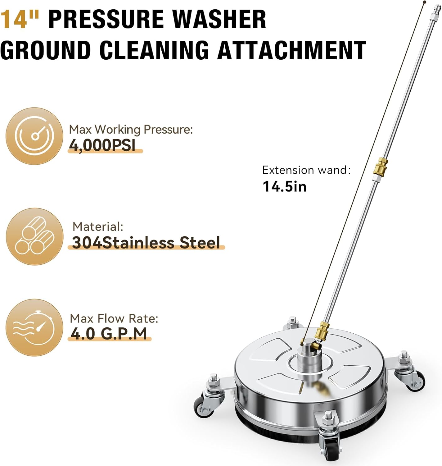 Skiennix 14" Pressure Washer Surface Cleaner - 4000 PSI, Stainless Steel, 4 Wheels, 3 Nozzles & 2 Wands