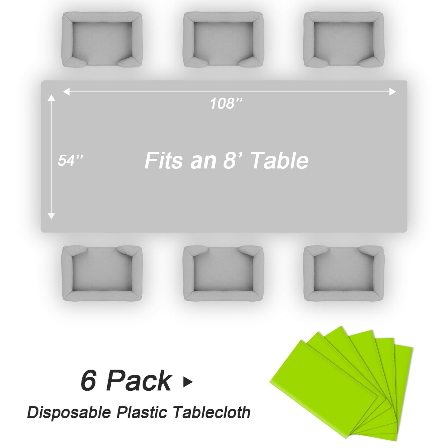 QIKSION Lime Green Plastic Table Cloth Disposable 6 Pack, 54 x 108 Inch Tablecloths for Party, Birthday, Halloween, Christmas Decorations, Rectangle Table Cover