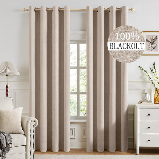 MIULEE 100% Blackout Textured Curtains - Thermal Insulated Natural Beige Drapes | 52 x 94 Inch (2 Panels)