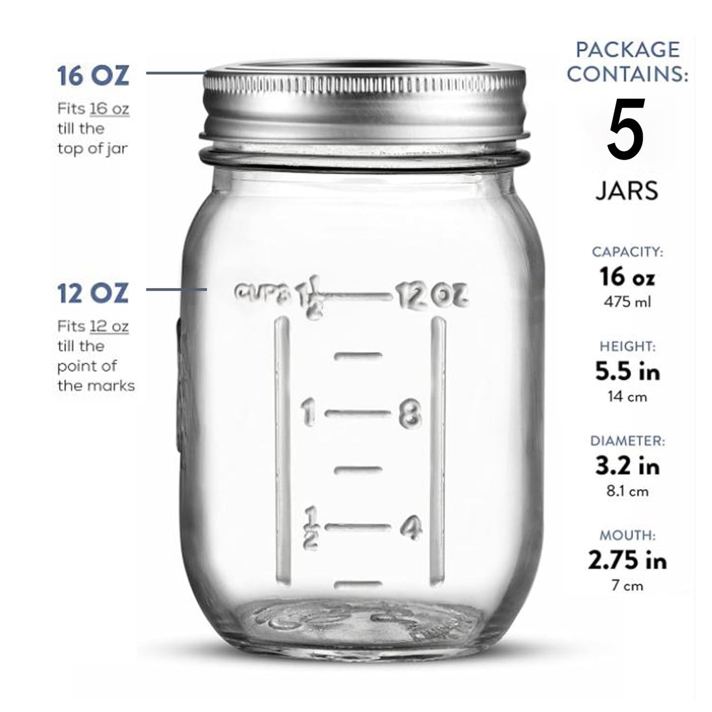 16 oz - 5-Pack Regular Mouth Glass Jars with Lid & Seal Bands - Airtight Container for Pickling, Canning, Candles, Home Decor, Overnight Oats, Fruit Preserves, Jam or Jelly