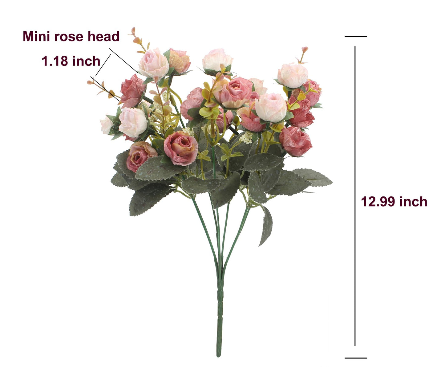 Duovlo 7 Branch 21 Mini Rose Heads Artificial Flowers Bouquet Wedding Home Office Decor,Pack of 2 (2 PCS Pink)